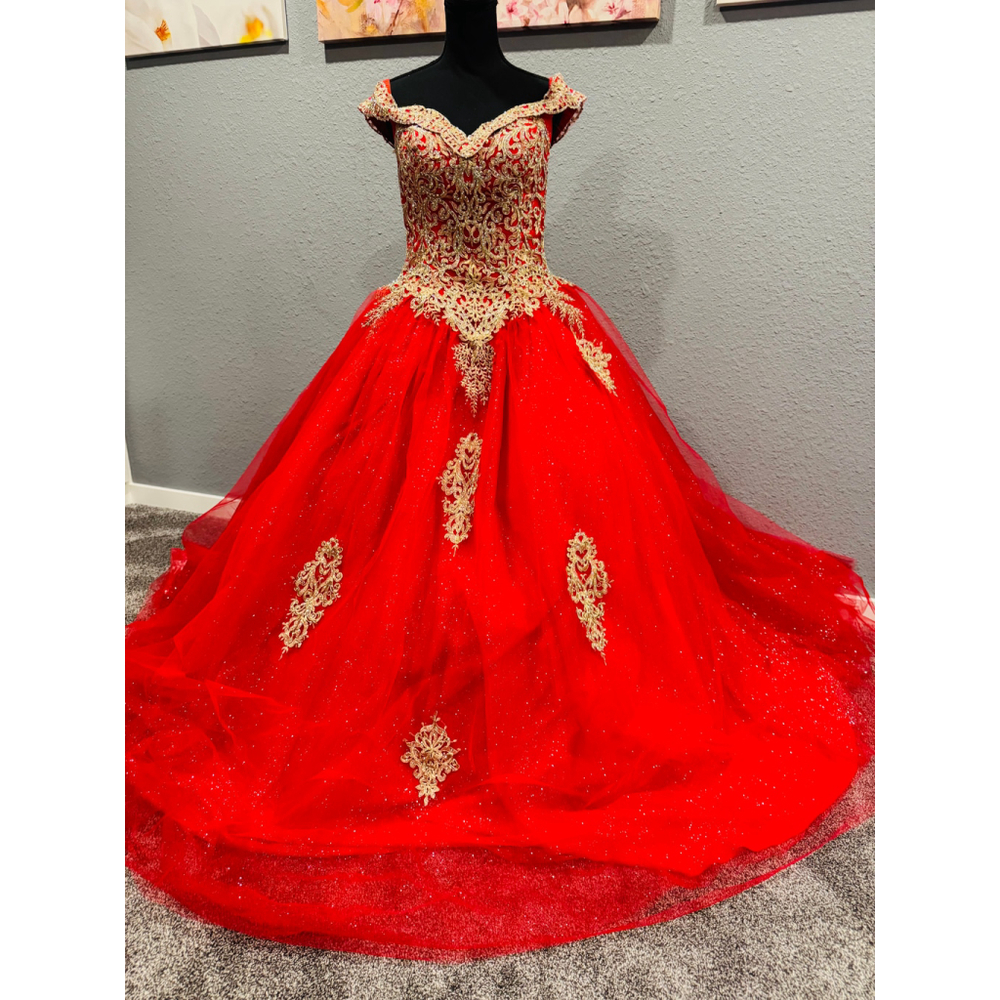 Chicas Red & Gold Ball Gown Dress | Size Large | Off-Shoulder Glitter Tulle - Picture 16 of 16
